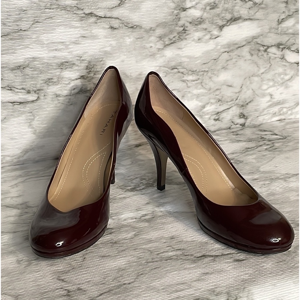 Tahari, Colette, patent heeled pumps.